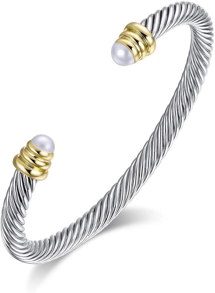 Brass Alloy Cable Wire Pearl Cuff Bracelet | Amazon (US)