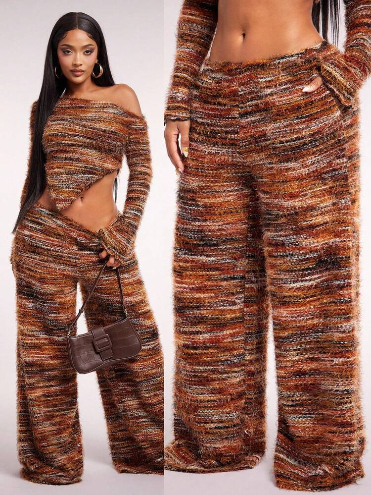Radiana Fall/Winter Women's Vintage Maillard Brown Low Waist Drawstring Wide Leg Pants, Comfortable Casual Loungewear Fuzzy Knit Pants Wide Leg Knit Pants Palazzo Pants Women Textured Knit Pants | SHEIN