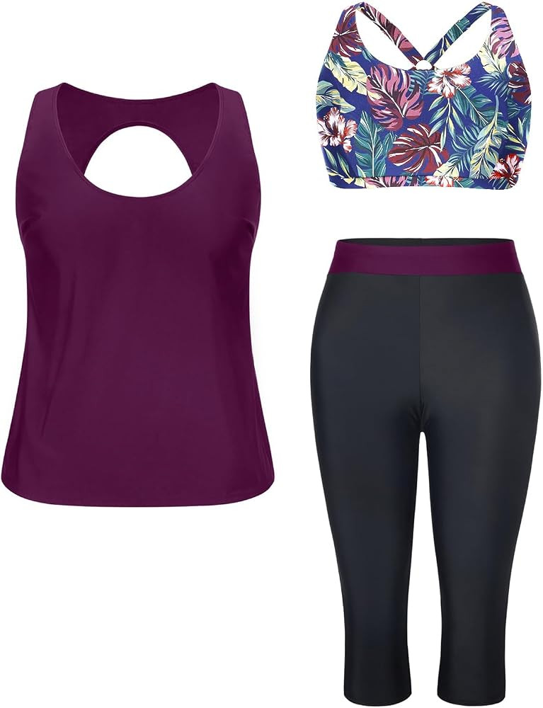 Yonique 3 Piece Plus Size Swimsuits for Women Tankini Tops with Sports Bra and Swim Capris Athlet... | Amazon (US)