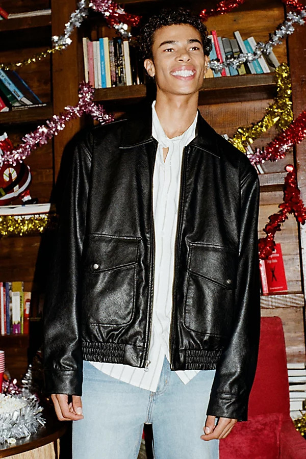 BDG Faux Leather Bomber Jacket in Black, Men's at Urban Outfitters | Urban Outfitters (US and RoW)
