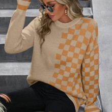 Checkerboard Patchwork Drop Shoulder Sweater | SHEIN