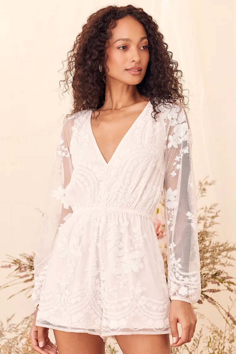 Celebrating Forever White Sequin Long Sleeve Romper | Lulus (US)