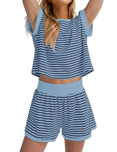 MISSACTIVER 2 Piece Lounge Set Women Stripe Knit Short Sleeve Tee Shirts Shorts Casual Summer Loungewear Shorts Sets | Amazon (US)