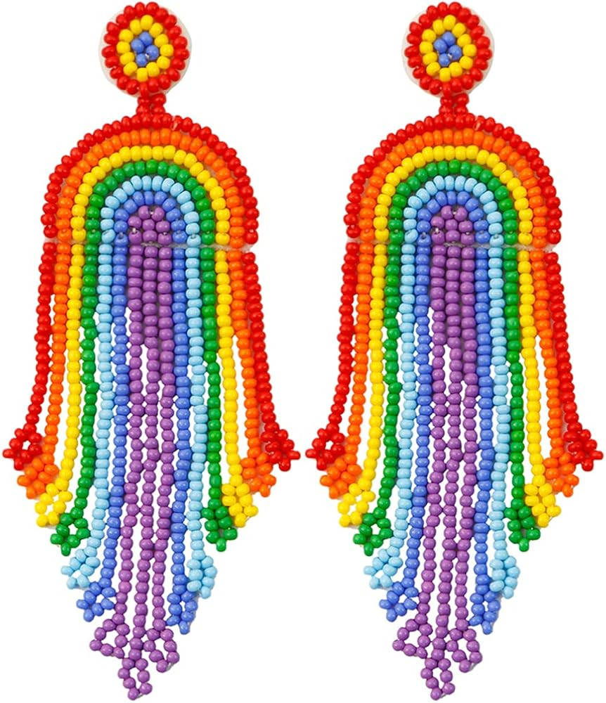 JeanBeau Boho Beaded Tassel Dangle Drop Earrings for Women Teen Trend Long Bohemian Seed Beads Fr... | Amazon (US)