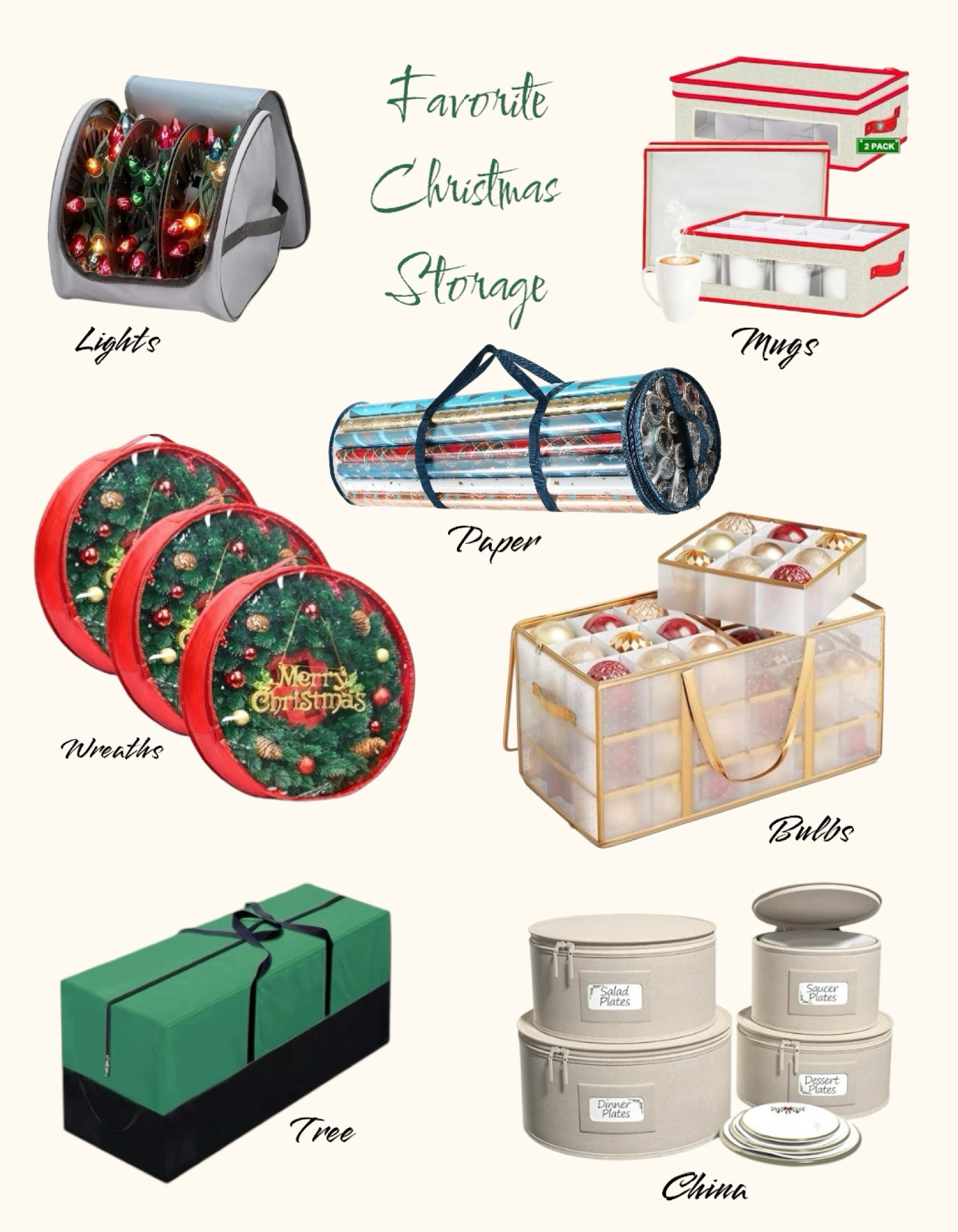 Organize your holiday decorations effortlessly with these favorite Christmas storage solutions! Keep your festive essentials protected and easily accessible:
	•	Lights: Tangle-free storage with a compartmentalized case for Christmas lights.
	•	Mugs: Divided fabric containers for safely storing your cherished holiday mugs.
	•	Wreaths: Durable red zippered bags to preserve and protect wreaths year-round.
	•	Paper: Cylindrical wrap organizer with handles, perfect for keeping wrapping paper neat and ready.
	•	Bulbs: Transparent ornament box with compartments to safely store delicate bulbs and decorations.
	•	Tree: Heavy-duty green and black tree bag to keep your artificial Christmas tree safe and secure.
	•	China: Sturdy zippered cases labeled for salad plates, dinner plates, and dessert dishes to protect your holiday tableware.

These practical solutions ensure every piece of your holiday decor is ready for next season!

#LTKSeasonal #LTKHome #LTKHoliday