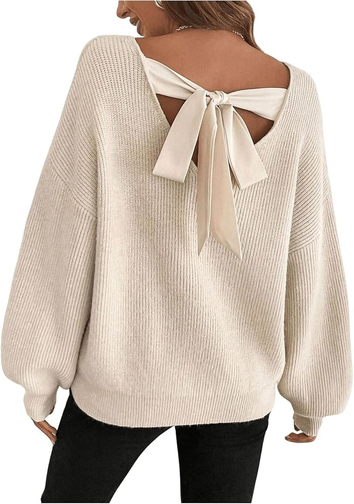 GORGLITTER Women's Bow Fall Sweaters 2025 Cable Knit Chunky Oversized Long Sleeve Backless V Neck... | Amazon (US)