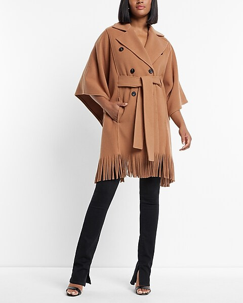 Wool-Blend Fringe Poncho Coat | Express