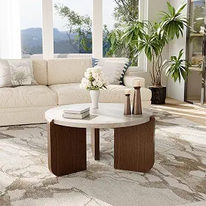 COSIEST Modern 31.5" Round Coffee Table, Off-White Faux Marble | Amazon (US)