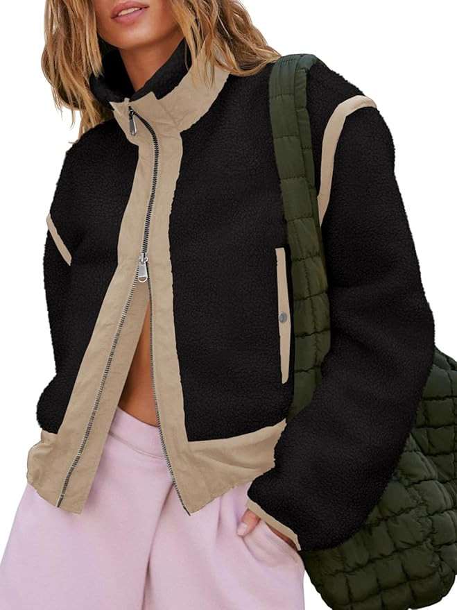 Tankaneo Womens Cropped Zip Up Fleece Jacket Stand Collar Fuzzy Sherpa Coat Winter Color Block Te... | Amazon (US)