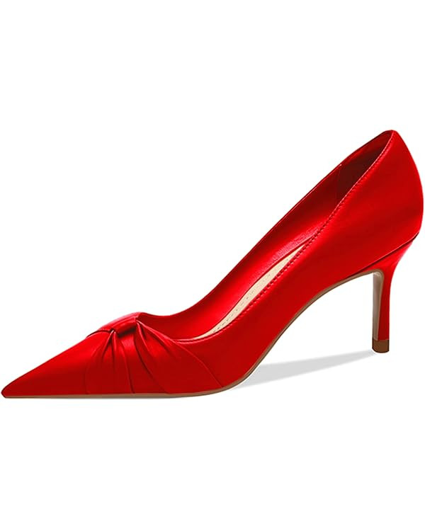 PiePieBuy Womens Pointed Toe Pumps Twist Knot Stiletto Mid Heel Faux Leather Dress Shoes | Amazon (US)
