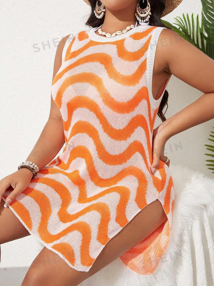 SHEIN Swim Curve Summer Beach Plus Wave Striped Pattern Split Thigh Cover Up Dress Without Bikini... | SHEIN