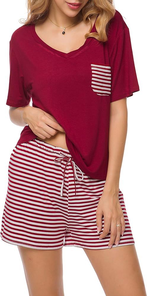 Invug Women Nightwear Short Sleeve Shirt and Shorts Pajama Set V Neck Sleepwear | Amazon (US)