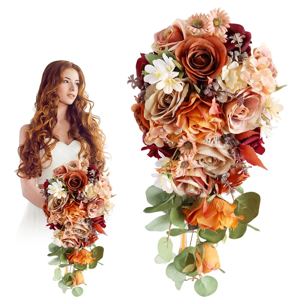 Cascading Bridal Bouquet with Silk Flowers Rustic Orange Wedding Flowers with Eucalyptus for Fall... | Walmart (US)