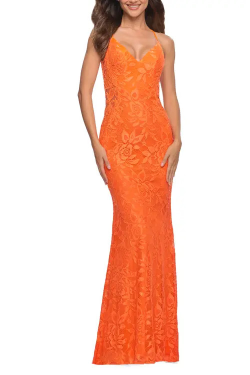 La Femme Lace Prom Dress with Illusion Embellished Sides in Neon Colors in Orange at Nordstrom, Size 00 | Nordstrom
