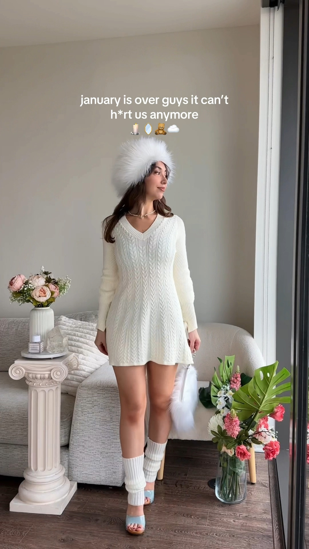 happy February everybody 🥰🫶 who else thought Jan went on for wayy too long lol? now I’m ready for love month 🩷🌸🌷

dress: old from J.Ing (added similar)
hat and bag: from a Huda beauty pr package (added similar)
legwarmers: Amazon
shoes: Candies via Nordstrom

[cozy winter outfit, white cream knit mini dress, fuzzy faux fur hat, vanilla girl aesthetic, that girl vibes, pastel fashion, neutral ootd, glam pinterest style] 

#LTKSeasonal #LTKWatchNow #LTKStyleTip