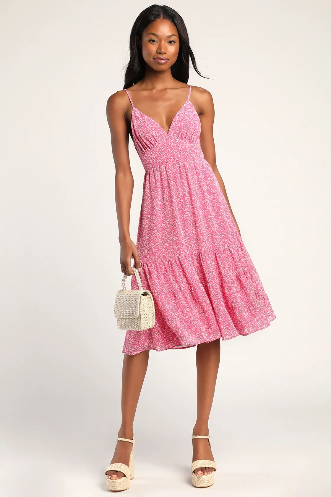 Feeling Flowerful Pink Floral Print Tie-Back Midi Dress | Lulus (US)