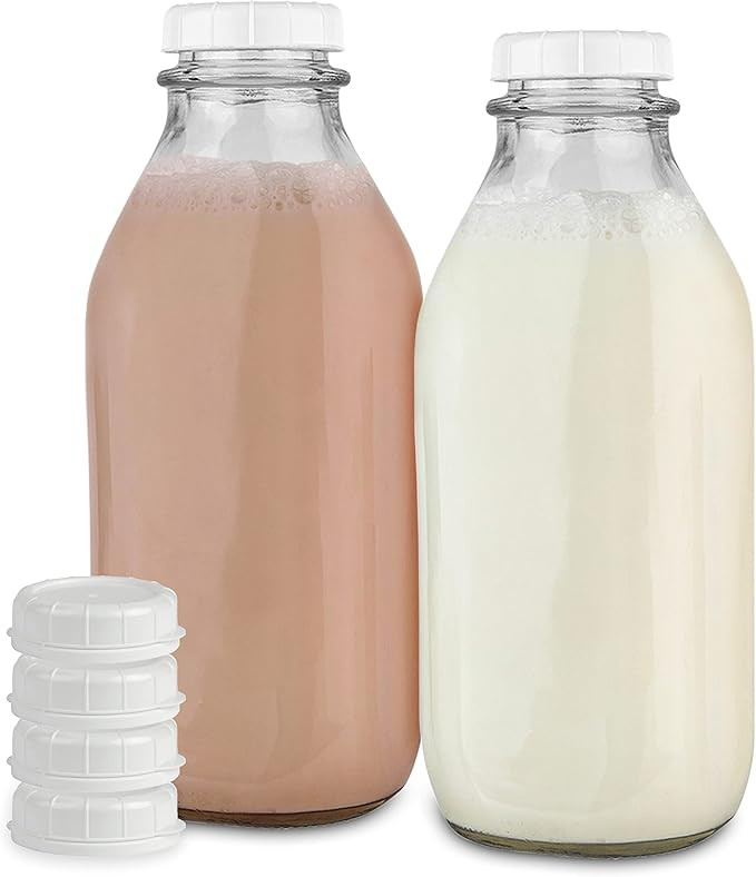 Stock Your Home Liter Glass Milk Bottles (2 Pack) - 32-Oz Milk Jars with Lids - Food Grade Glass ... | Amazon (US)