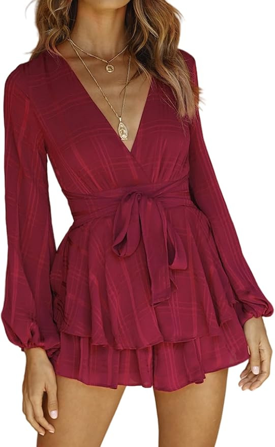Relipop Women's Romper Solid Print V Neck Baggy Sleeve Waist Tie Layered Ruffle Hem Short Casual ... | Amazon (US)