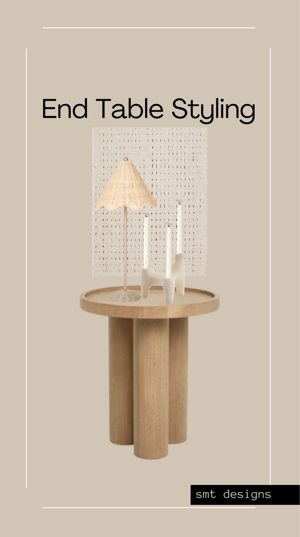 Neutral end table with tube legs styled with neutral decor. A rattan lamp, modern candle holder and textured art  

#LTKunder50 #LTKSeasonal #LTKhome