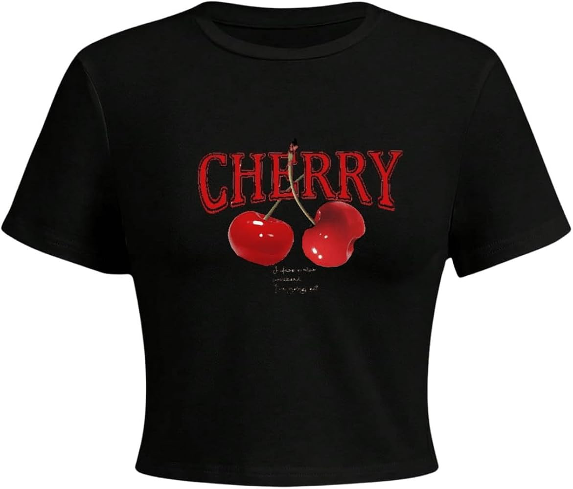 Women's Cherry Print Round Neck T Shirts Short Sleeve Fitted Crop Tee Tops | Amazon (US)