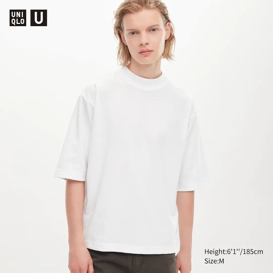 Uniqlo U AIRism Cotton Oversized Mock Neck Half Sleeved T-Shirt | UNIQLO (UK)