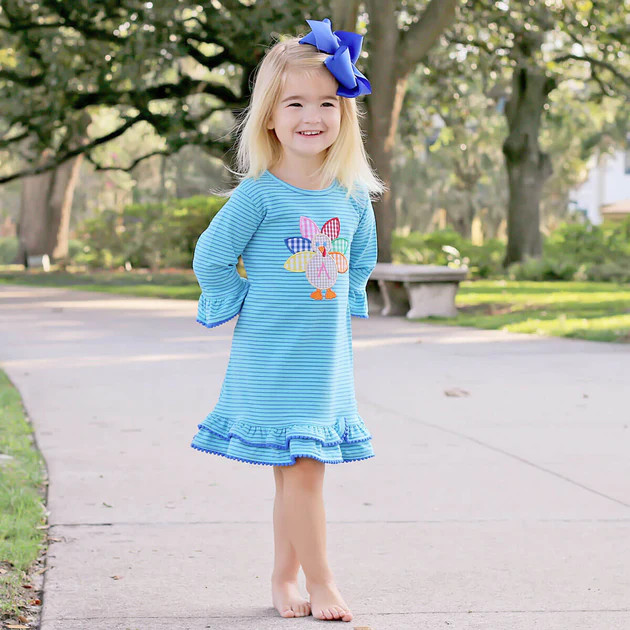 Blue Stripe Turkey Applique Milly Dress | Classic Whimsy