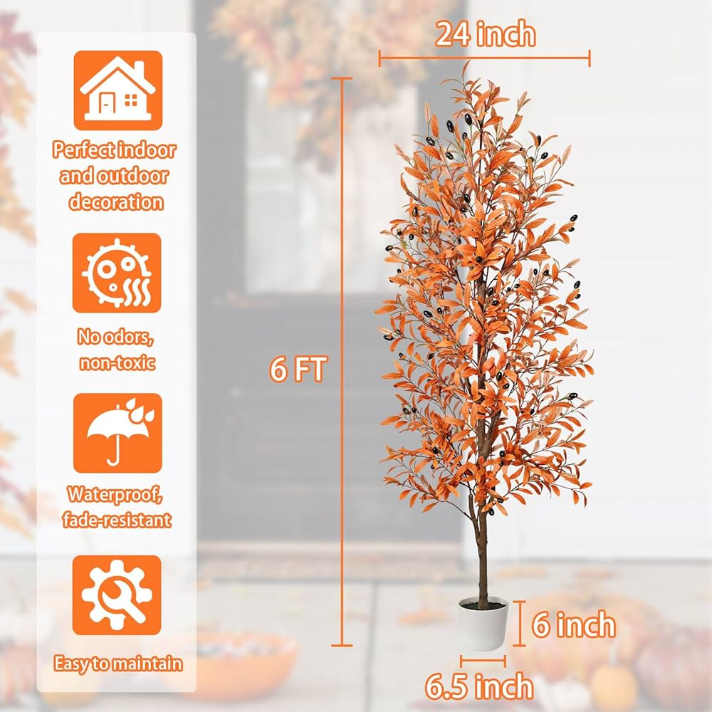 Artificial Olive Tree, Fall Tree for Outdoor Indoor Porch Entryway, Orange Potted Fake Tall Plant... | Amazon (US)