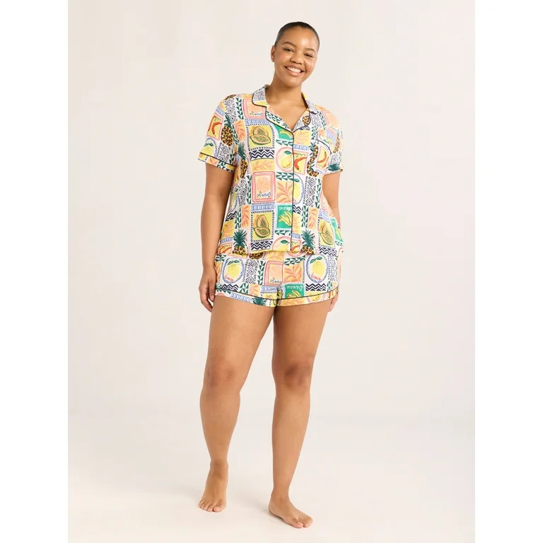 Joyspun Women’s Notch Collar Top and Shorts Pajama Set with Piping, 2-Piece, Sizes XS-3X | Walmart (US)