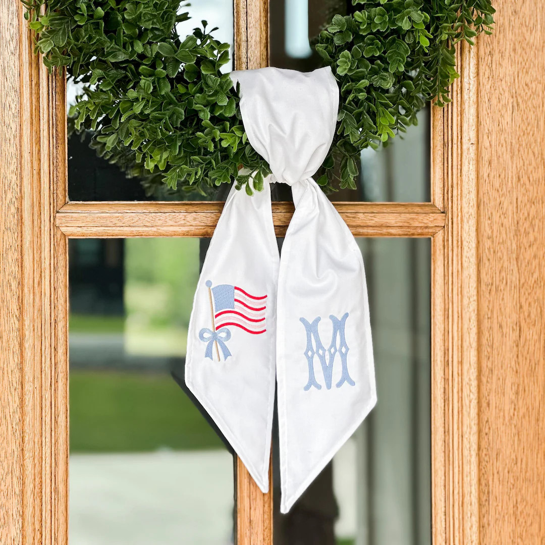 Embroidered Patriotic Wreath Sash, White Coquette Wreath Sash, Preppy Monogrammed Door Bow for 4t... | Etsy (US)