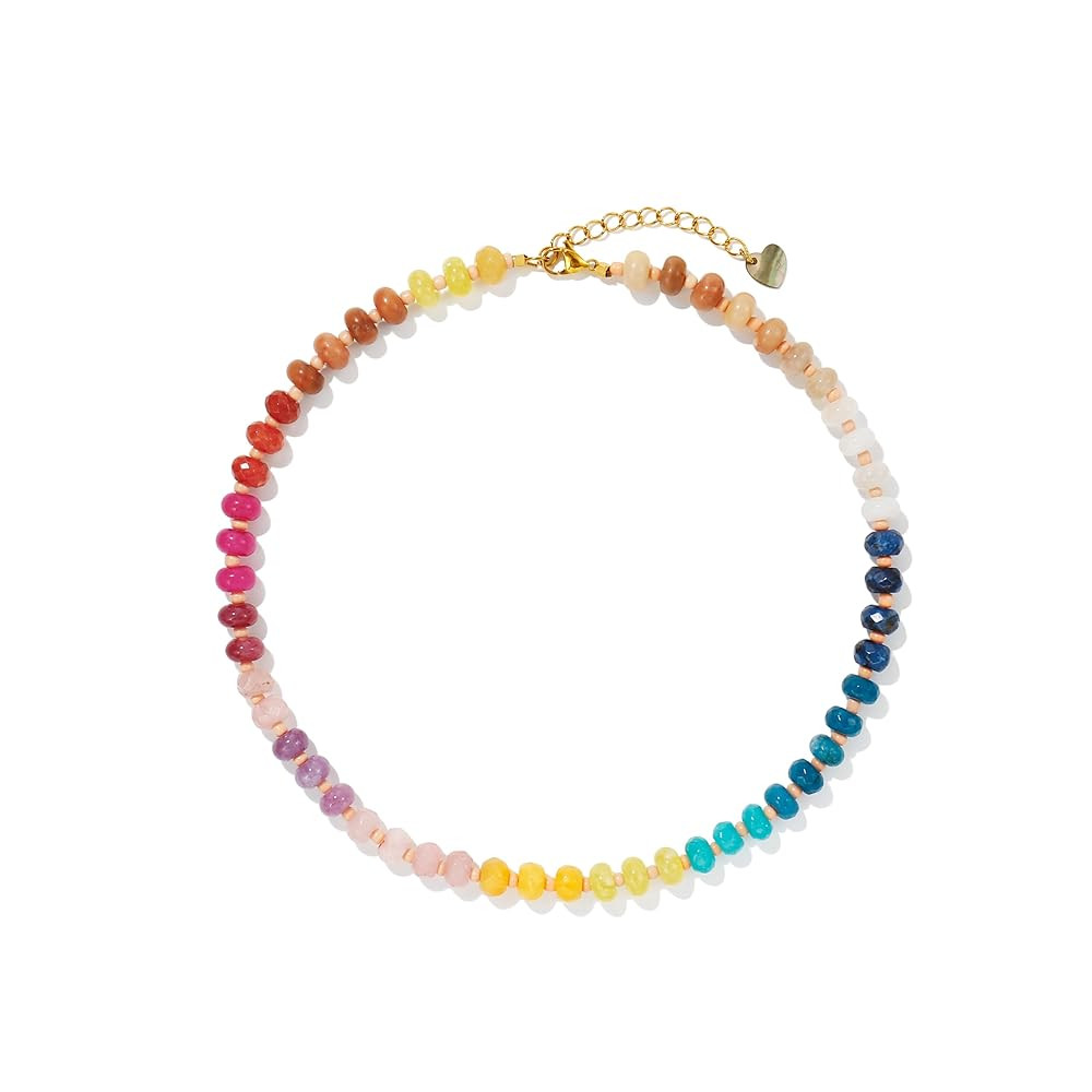 Colorful Gemstone Beaded Necklaces For Women Trendy Rainbow Natural Stone Boho Handmade Stainless... | Amazon (US)