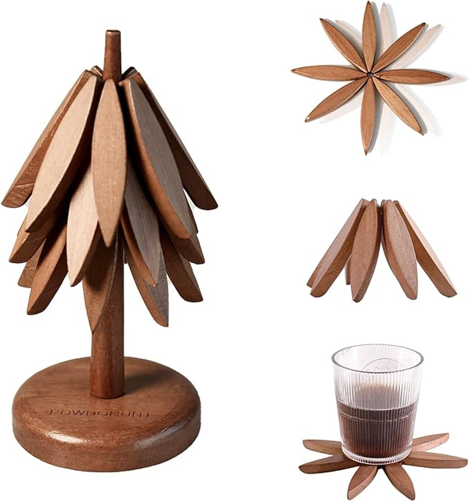 Wooden Tree Coasters, 3 Tripod Tablemats with Stands, Heat Resistant Pot Holder, Non-Slip Folding... | Amazon (US)