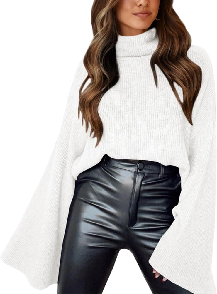 BTFBM Women's Turtleneck Pullover Sweaters 2023 Fall Winter Bell Long Sleeve Slouchy Oversized Ri... | Amazon (US)