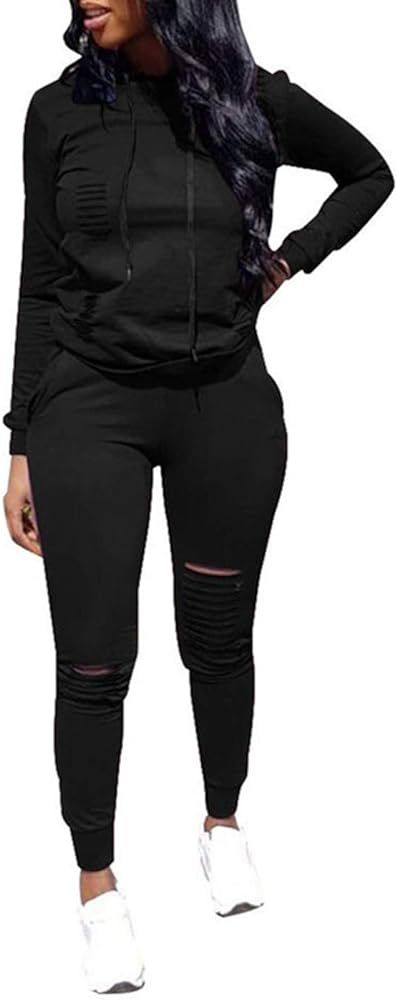 Women Casual Ripped Hole Pullover Hoodie Sweatpants 2 Piece Sport Jumpsuits Outfits Set | Amazon (US)
