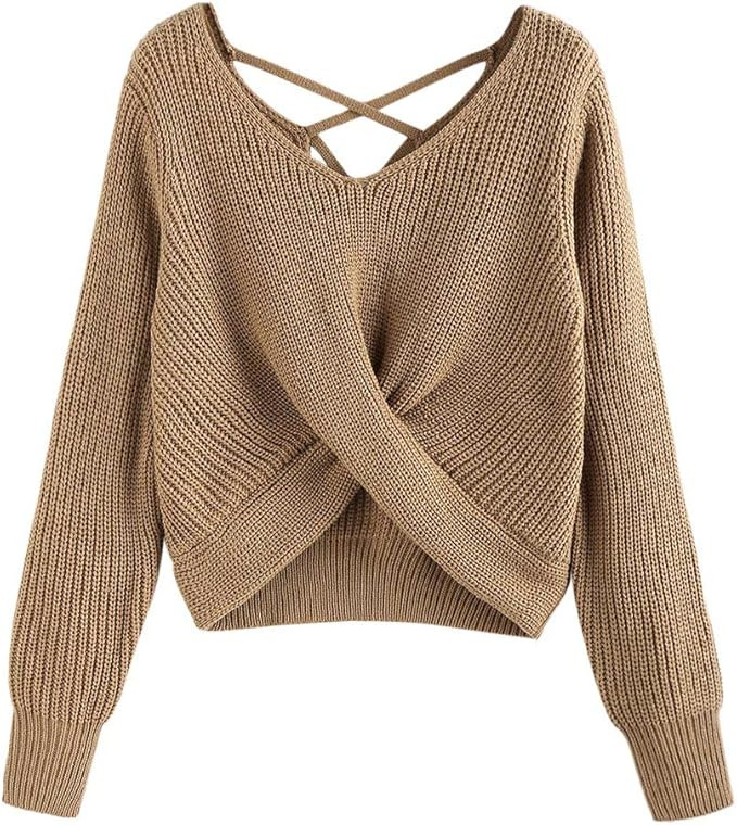 ZAFUL Women's Sweater Criss Cross Twisted Plain Sweaters Hollow Out Long Sleeve Loose Fit Pullove... | Amazon (US)
