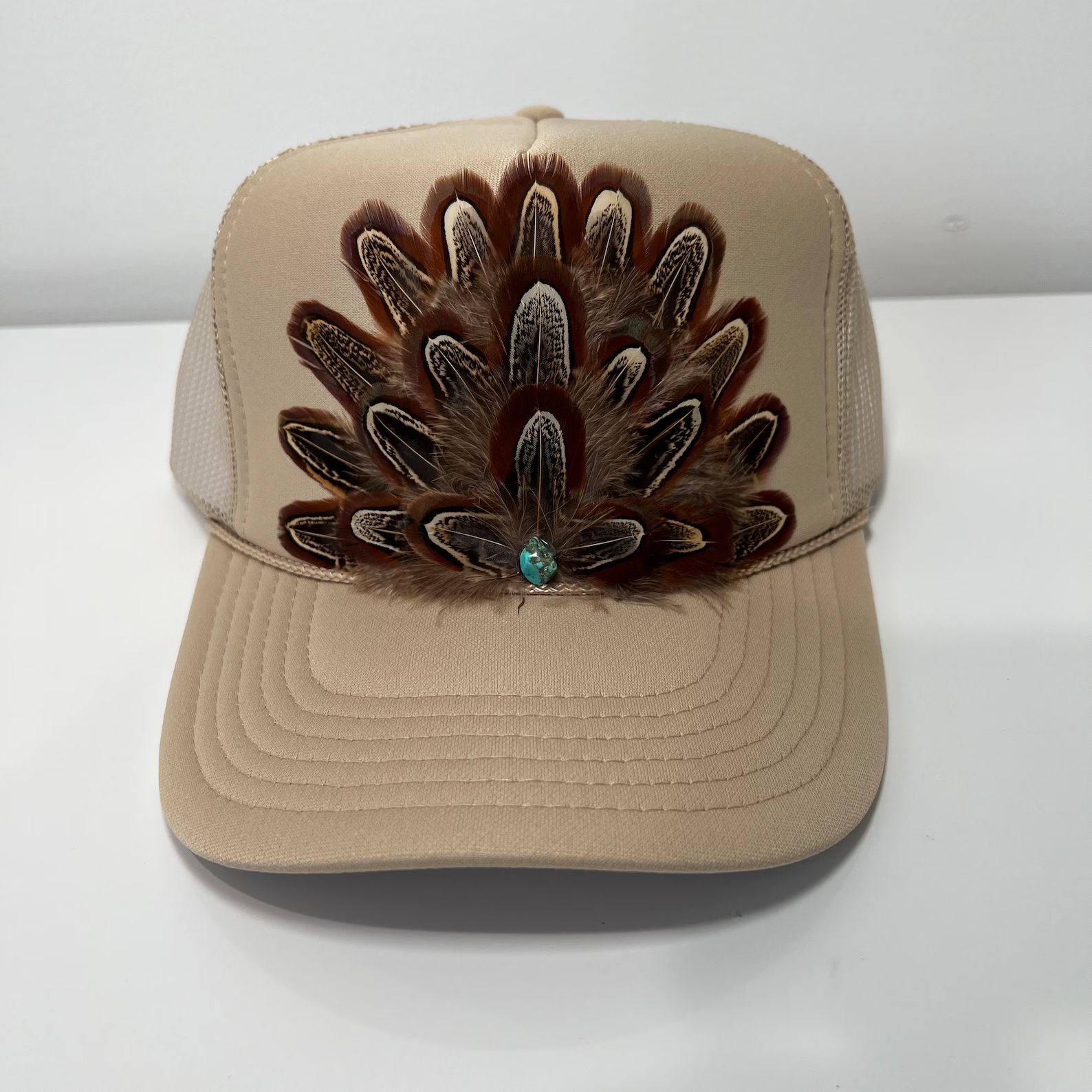 FEATHER Trucker Hat Western Cowgirl Rodeo Hat Turquoise Stone Khaki - Etsy | Etsy (US)