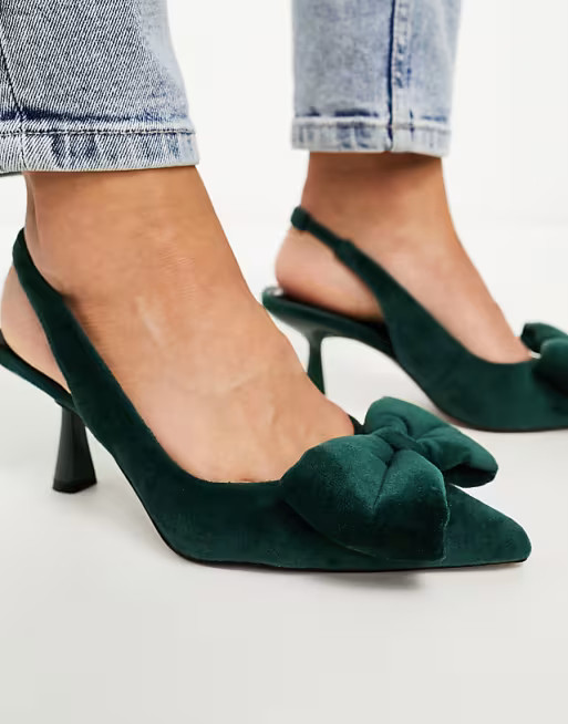 ASOS DESIGN Wide Fit Scarlett bow detail mid heel shoes in green | ASOS (Global)