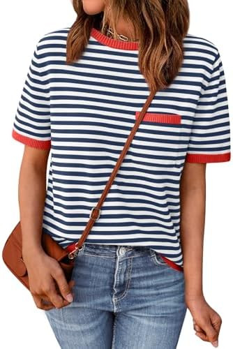 LILLUSORY Womens Striped Short Sleeve Sweater Pullover Shirts with Chest Pocket | Amazon (US)