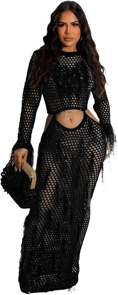 Women Sexy Long Sleeve Sequin Crochet Maxi Dress Beach Cover Handmade Knitted Casual Tassels Holl... | Amazon (US)