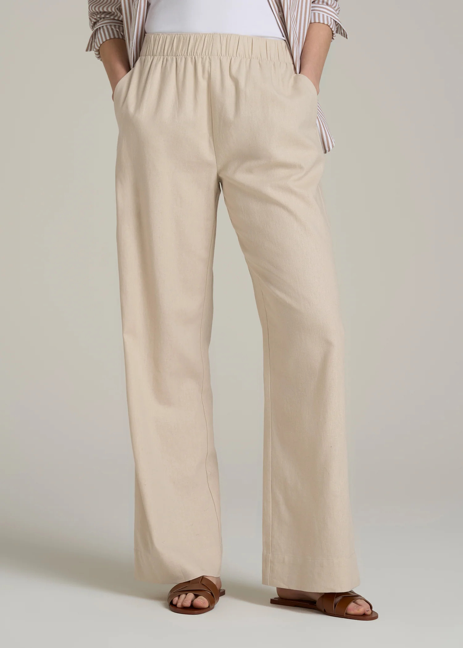 Pull On Wide Leg Linen Pants for Tall Women in Light Stone | American Tall