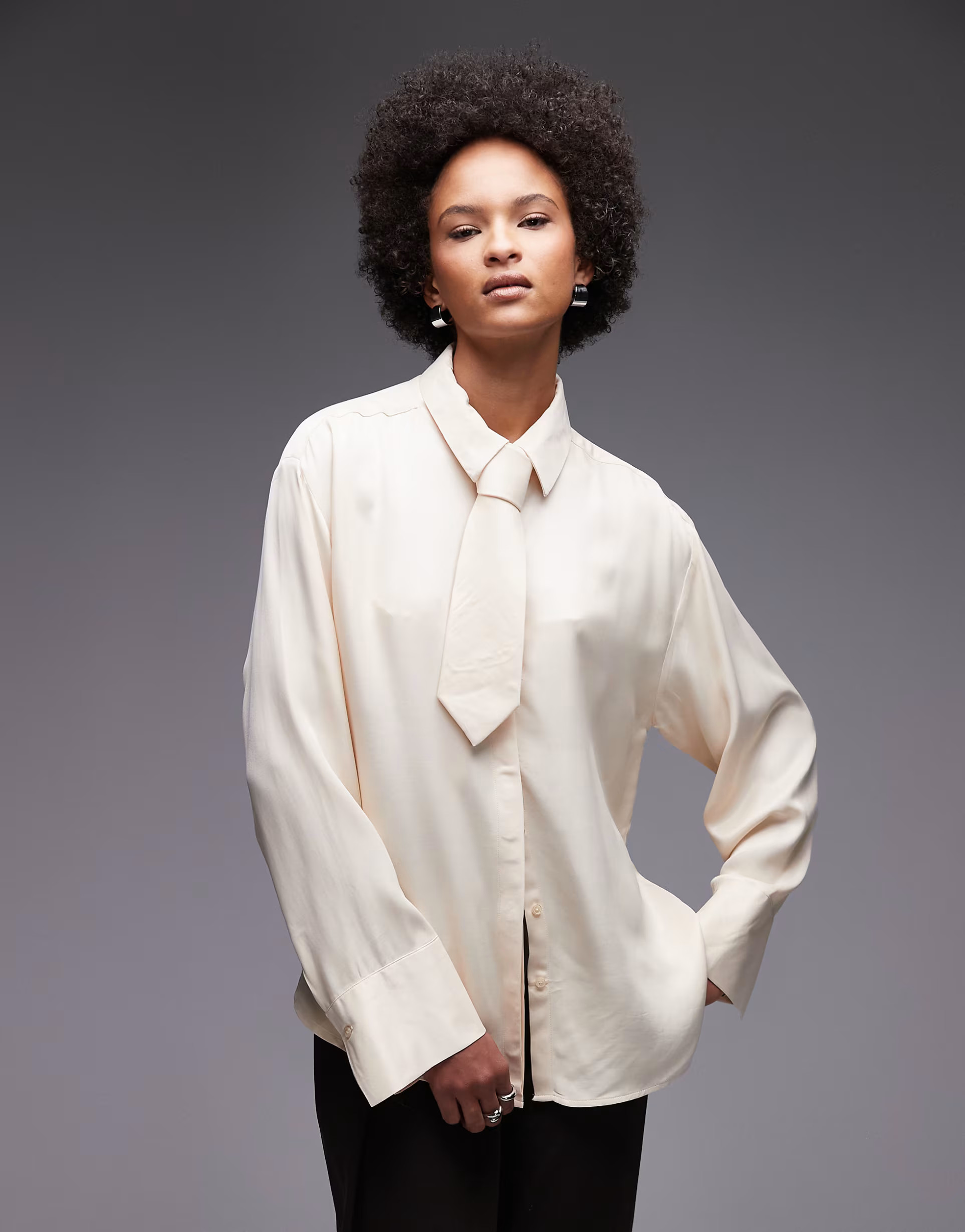 ASOS DESIGN satin oversized shirt with necktie in stone | ASOS (Global)