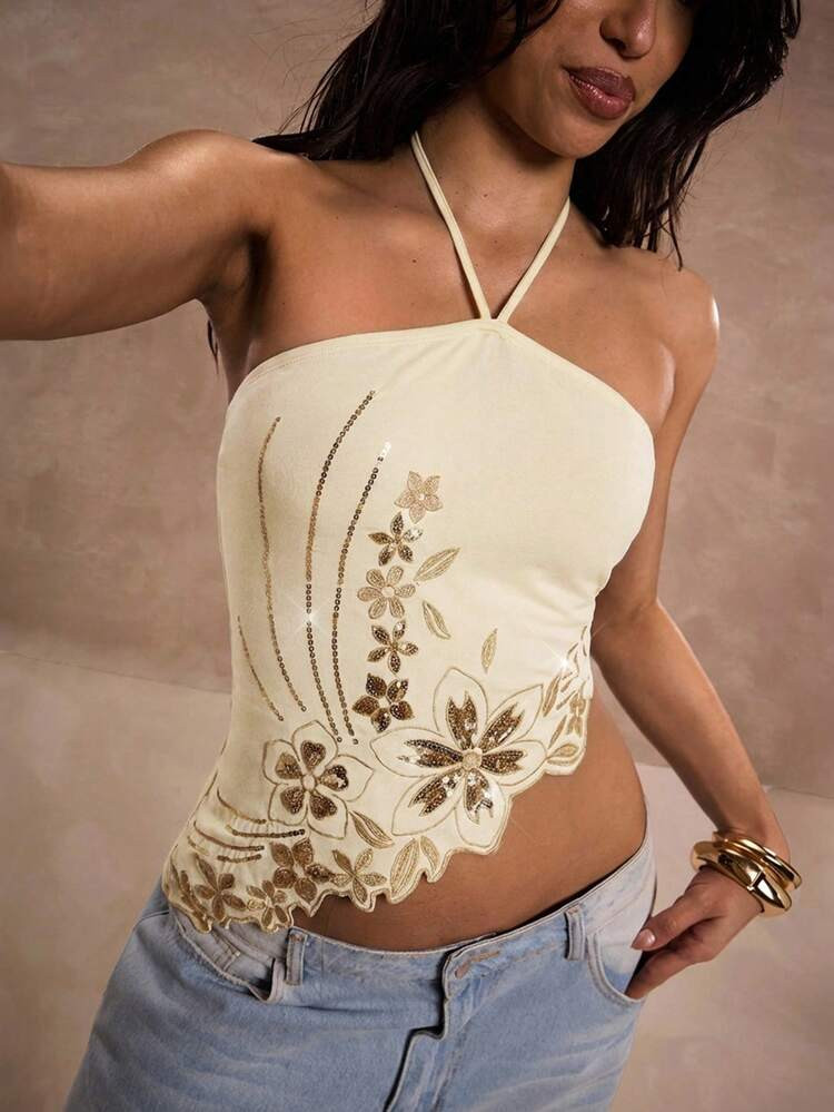 SHEIN BAE Women's Tie-Neck Sequin Floral Print Asymmetrical Hem Fashionable Versatile Date Night Casual Top | SHEIN