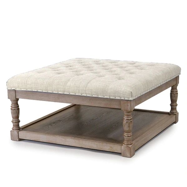 Cairona Tufted Textile 34-inch Shelved Ottoman Table - Beige Top/Natural Wood | Bed Bath & Beyond