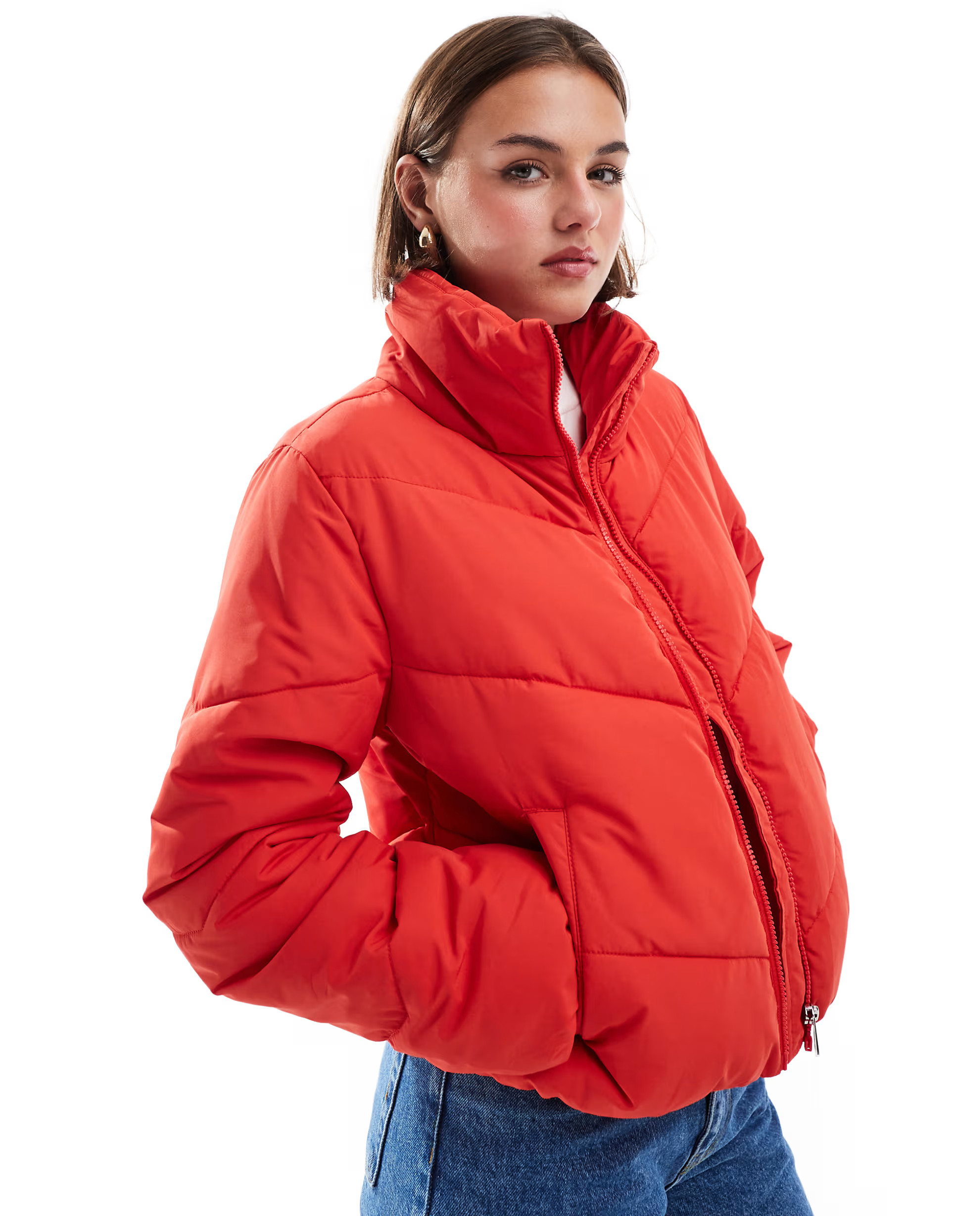 ONLY funnel neck puffer jacket in red | ASOS (Global)