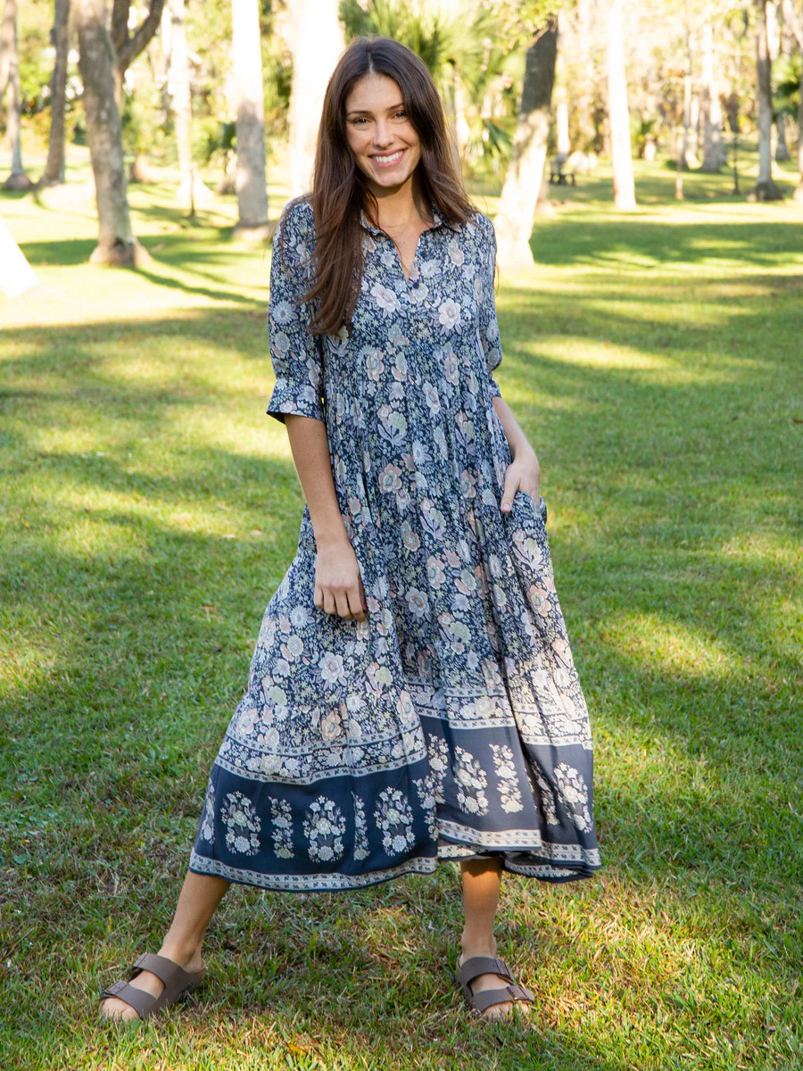 Rebecca Tiered Dress - Navy Grey Floral | Natural Life