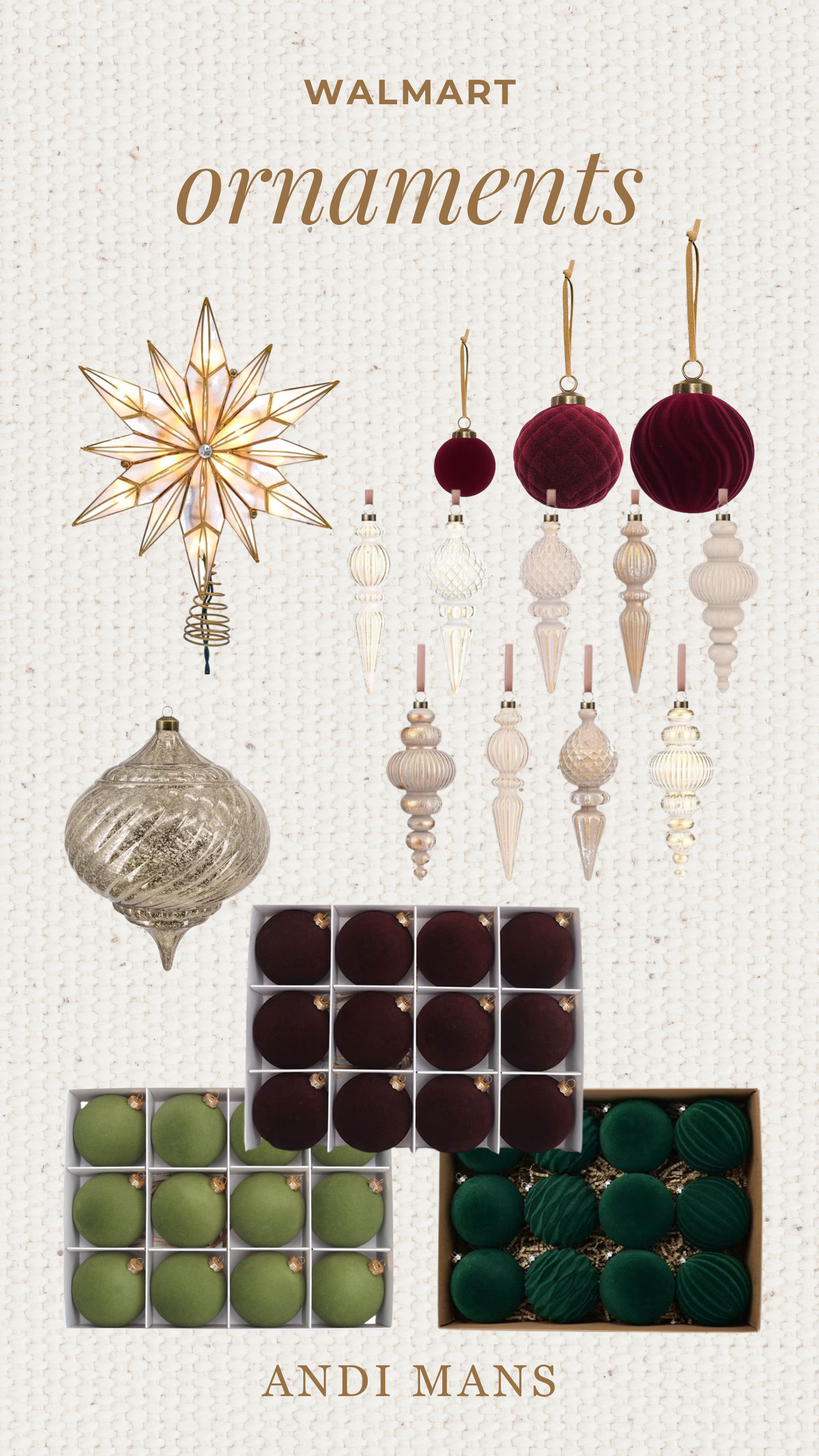 Walmart ornaments I am loving from the velvet burgundy, and green ones too mixed with some gold finds and a tree topper! 

 