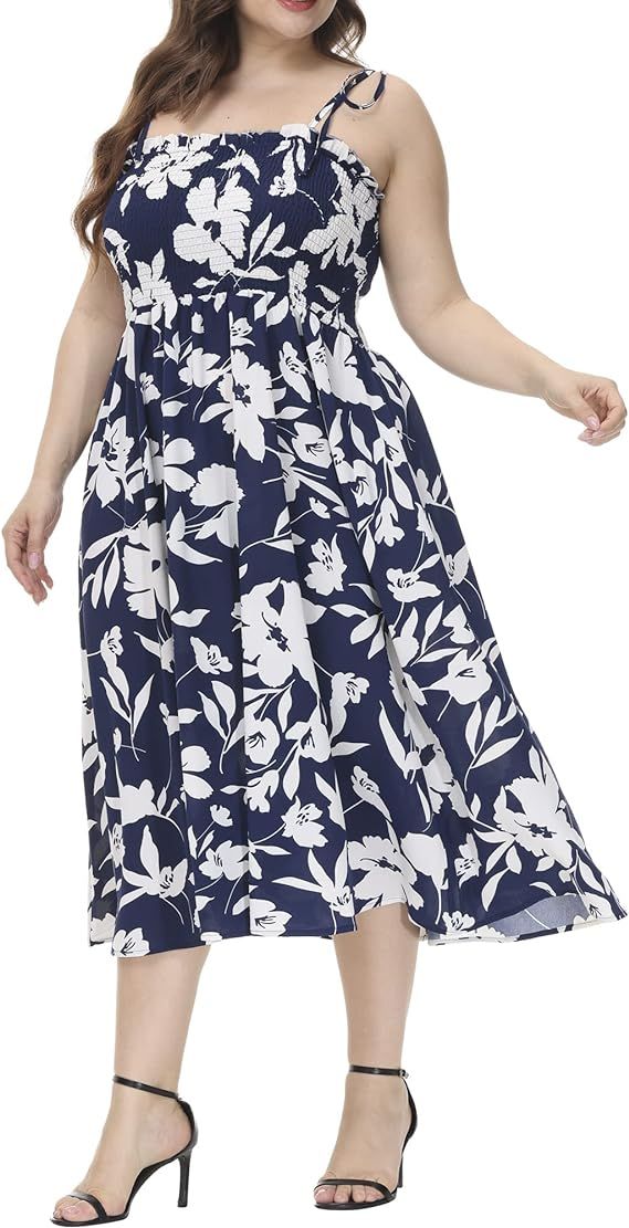 Rubugil Women's Plus Size Dresses Boho Floral Summer Spaghetti Flowy Casual Midi Dress | Amazon (US)