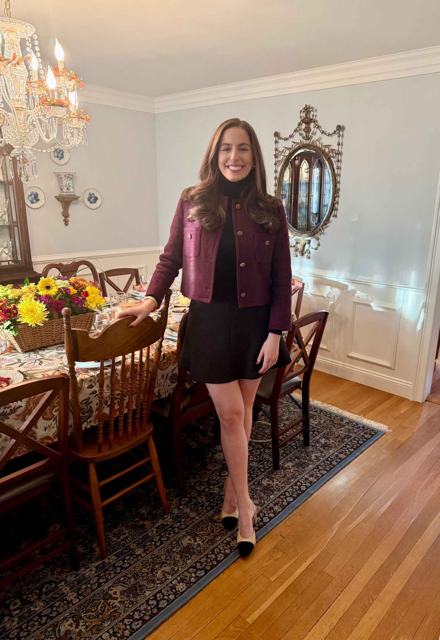 Thanksgiving, Thanksgiving outfit, burgundy tweed jacket, tweed blazer, burgundy tweed blazer, black turtleneck, black mini skirt, fall outfit, chanel heels, chanel block heels, bash jacket, lady jacket 

#LTKSeasonal #LTKTall #LTKHoliday