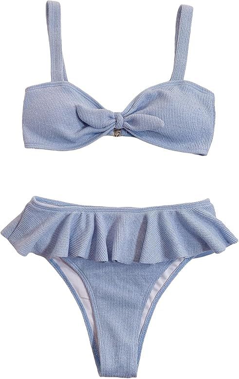 MakeMeChic Women's 2 Piece Swimsuit Ribbed Knot Front Ruffle Trim Bikini Set | Amazon (US)