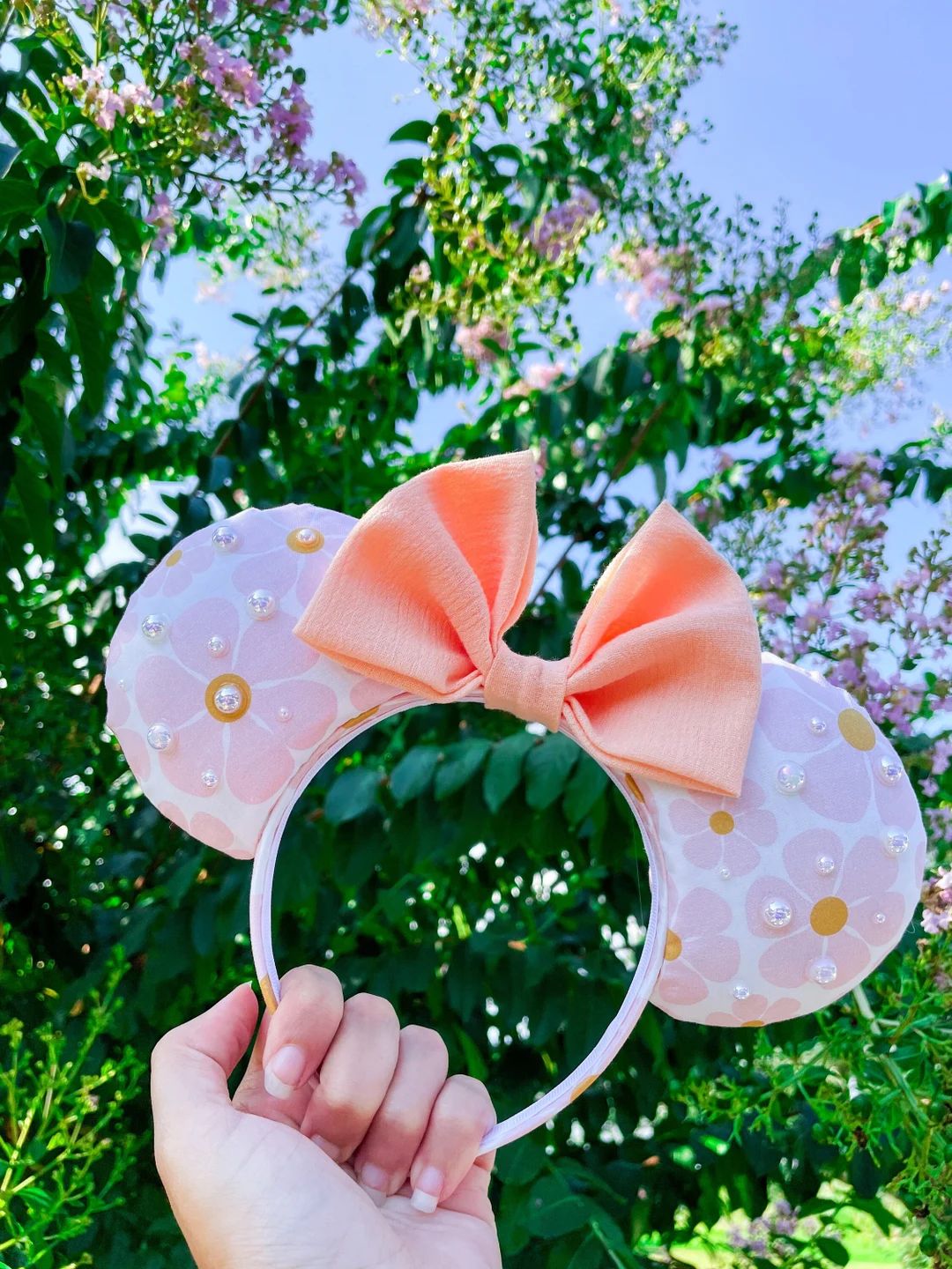 Retro Minnie Ears Daisy Ears Pink Minnie Ears Disney Flower Ears Spring Ears Orange Bow Pearl Min... | Etsy (US)