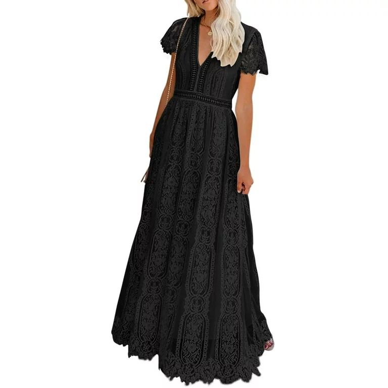 Dokotoo Women's Black V Neck Lace Dress Long Party Wedding Dresses Short Sleeve Chiffon Gown, US ... | Walmart (US)